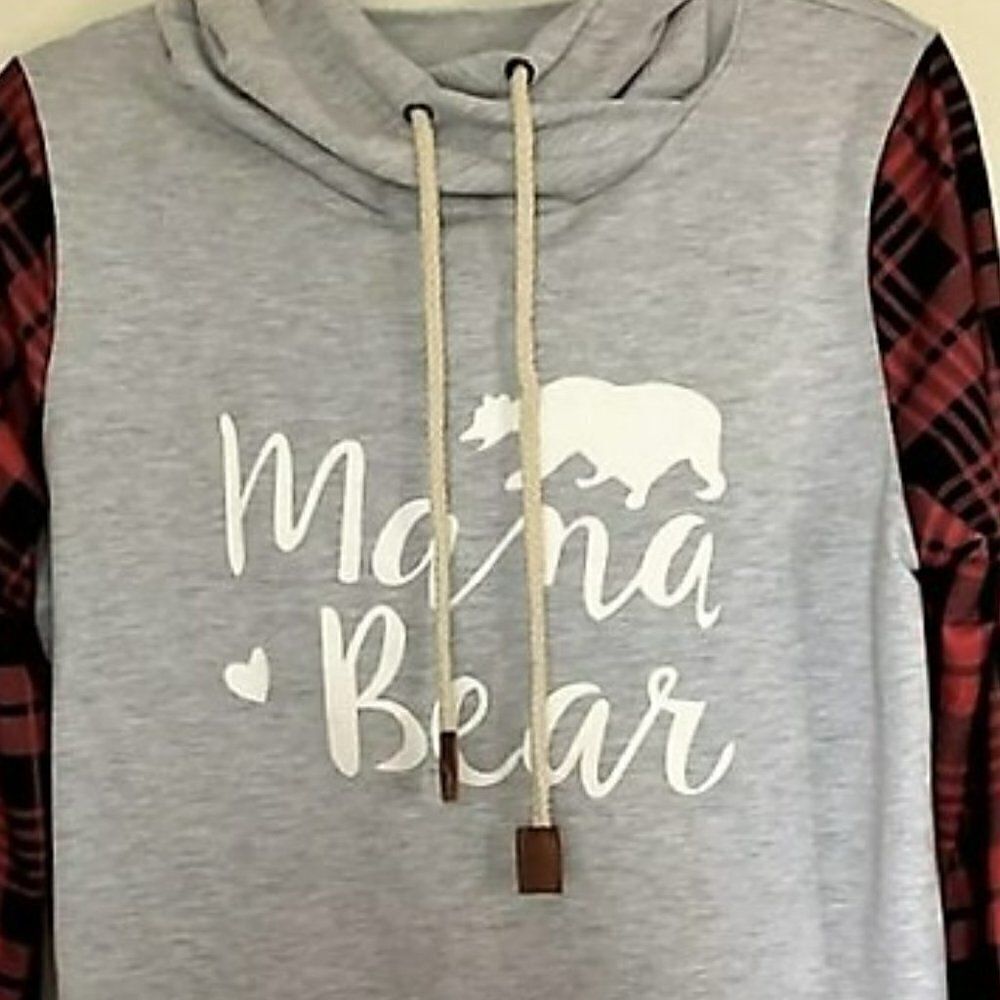 Mama Bear Buffalo Plaid Sleeve Pullover Hoodie Gray L - Picture 5 of 10